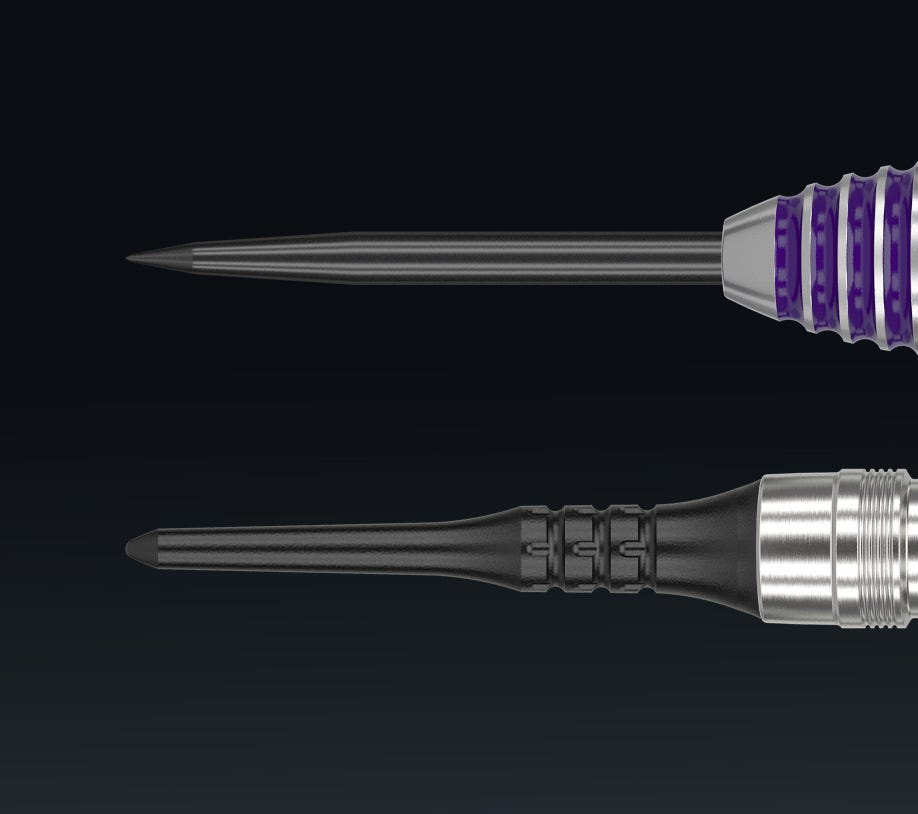 The Luke Littler Brass Steel Tip Darts use 26mm Standard Points and the Soft Tip Darts use Target Darts' Pixel Tips.