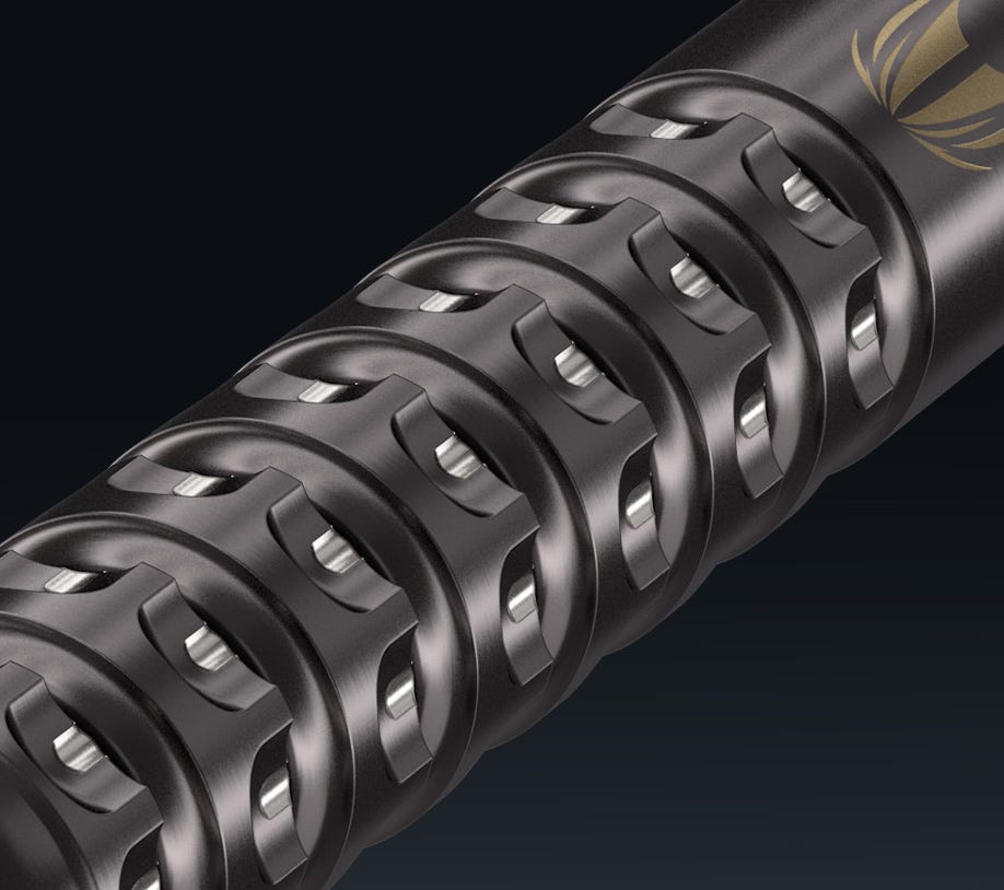 Close-up angled view of the Luke Littler Generation One dart barrels featuring Pixel Grip Technology.