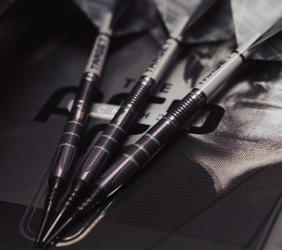 Close-up view of the Nathan Aspinall x Echo soft tip darts.