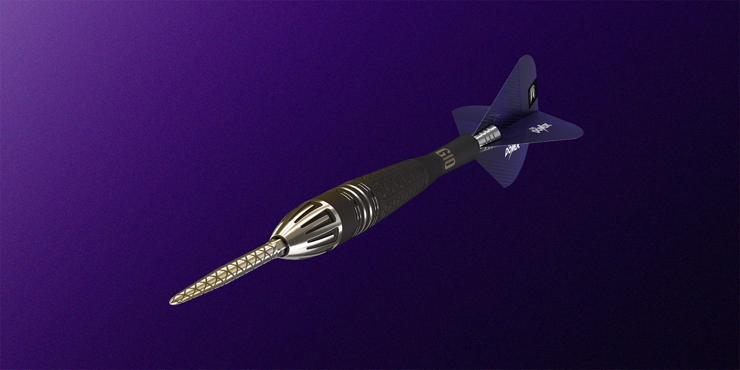Angled view of the Phil Taylor Power 9Five G10 steel tip dart