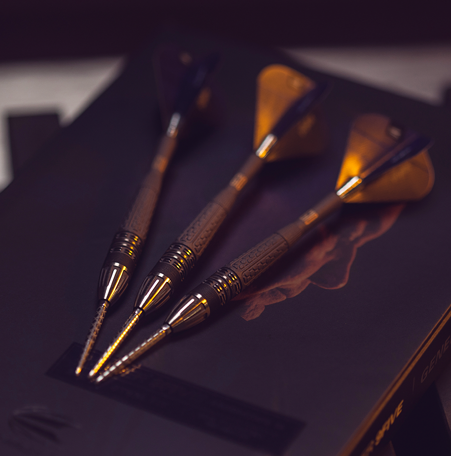 Angled view of the Phil Taylor Power 9Five G10 steel tip darts