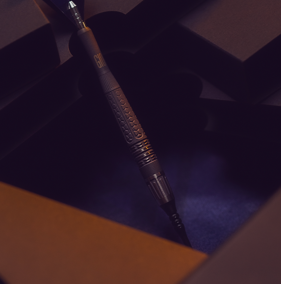 Angled view of the Phil Taylor Power 9Five G10 soft tip darts