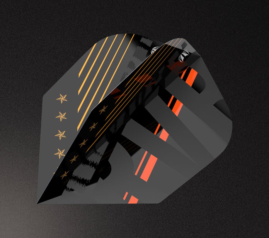Close-up of Raymond van Barneveld RVB 80% Black Edition dart flight range.