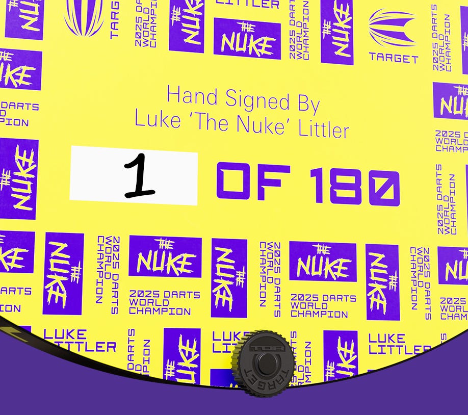 Close-up of the Luke Littler G1 Prodigy dart barrel showcasing the pixel grip.