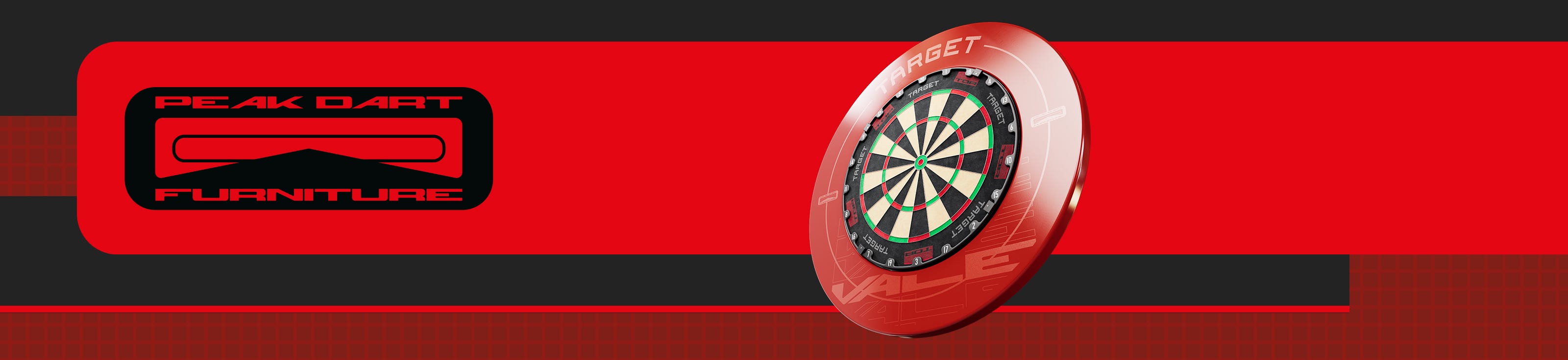 Peak range darts furniture including TOR dartboard and Vale Surround
