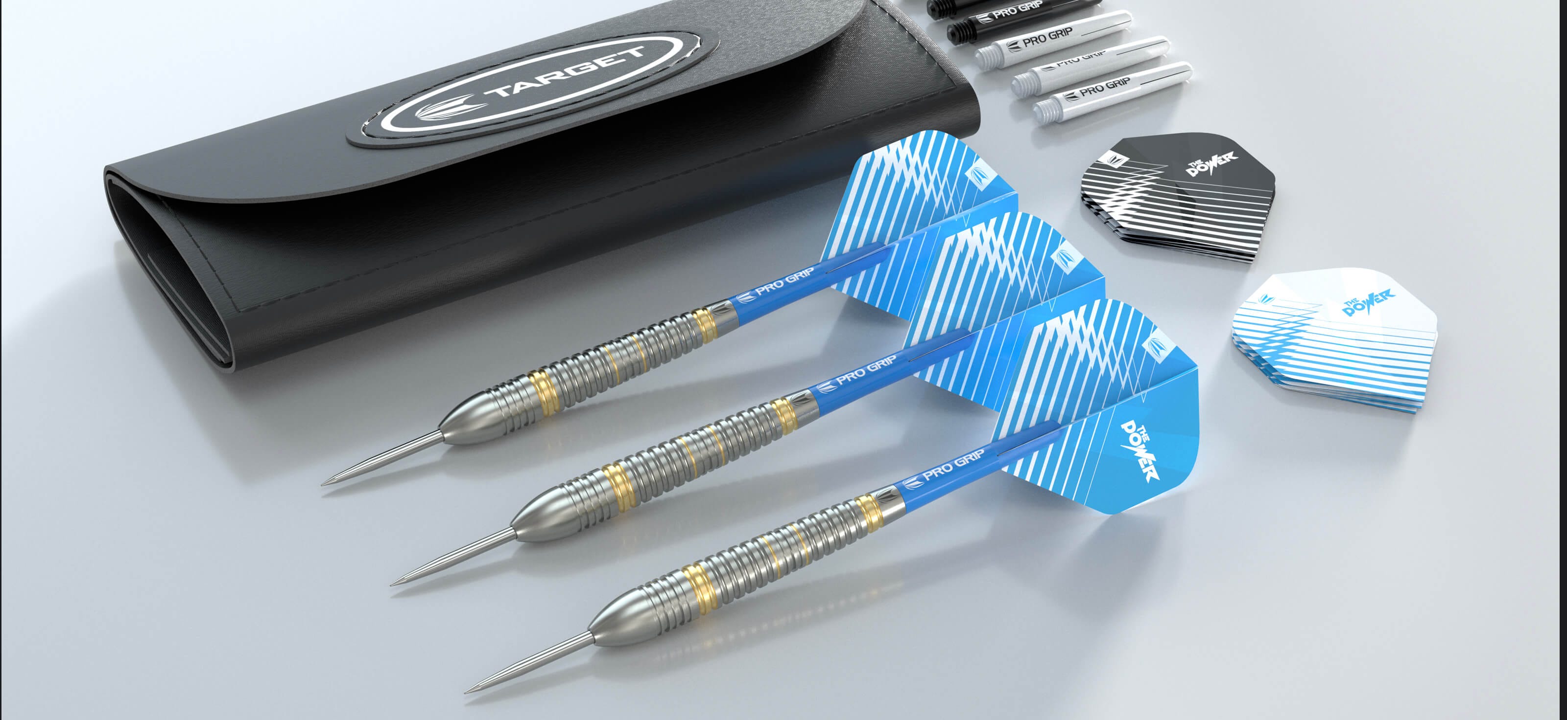 The Power Brass Steel Tip and Soft Tip Darts include the barrels, shafts and flights in black, white, and blue, and a Target Trifold Wallet