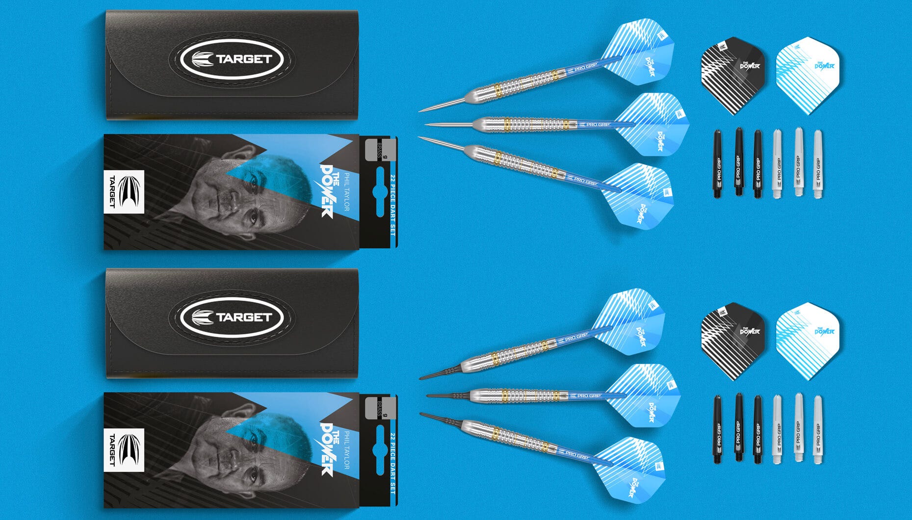 Showcasing the Power Brass Steel Tip and Soft Tip Darts and the contents of the box