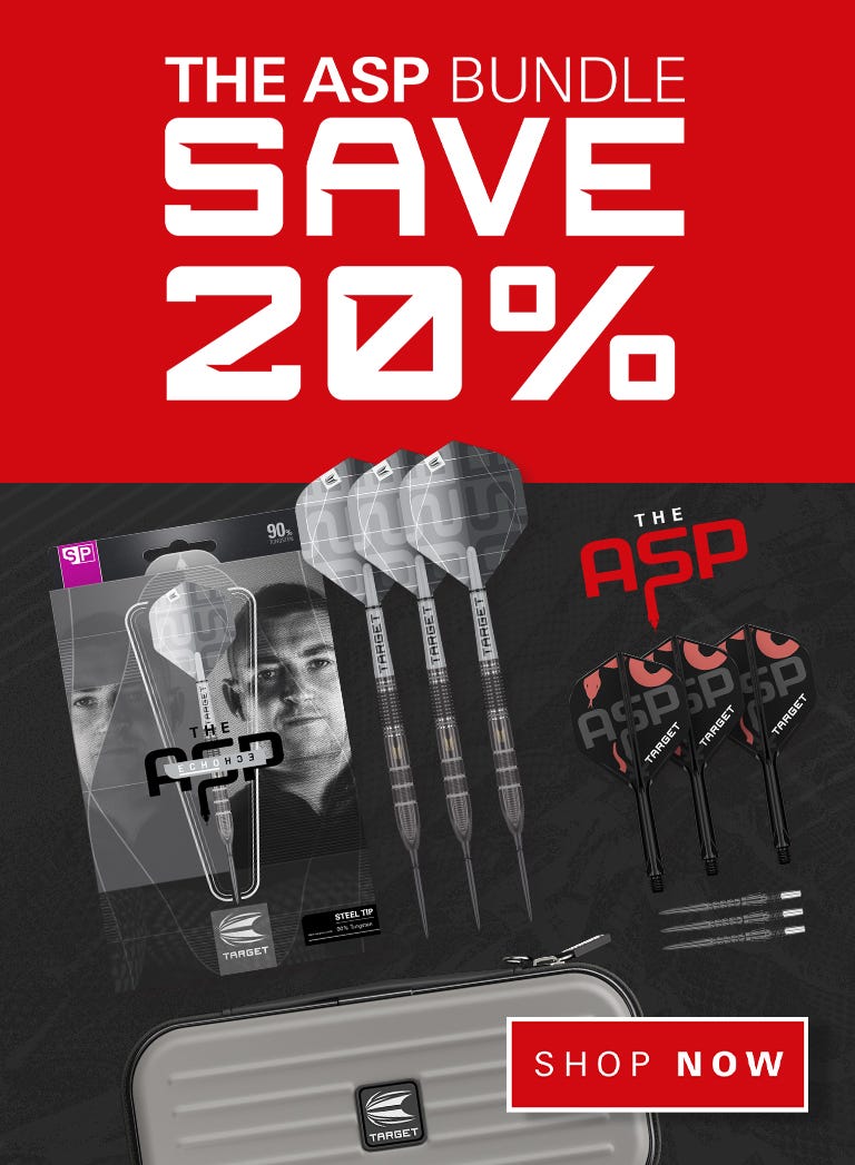 Dart of the month bundle including Nathan Aspinall x Echo Darts with his player edition K-Flex, a Grey Takoma Dart case and extra Swiss Storm Surge Points